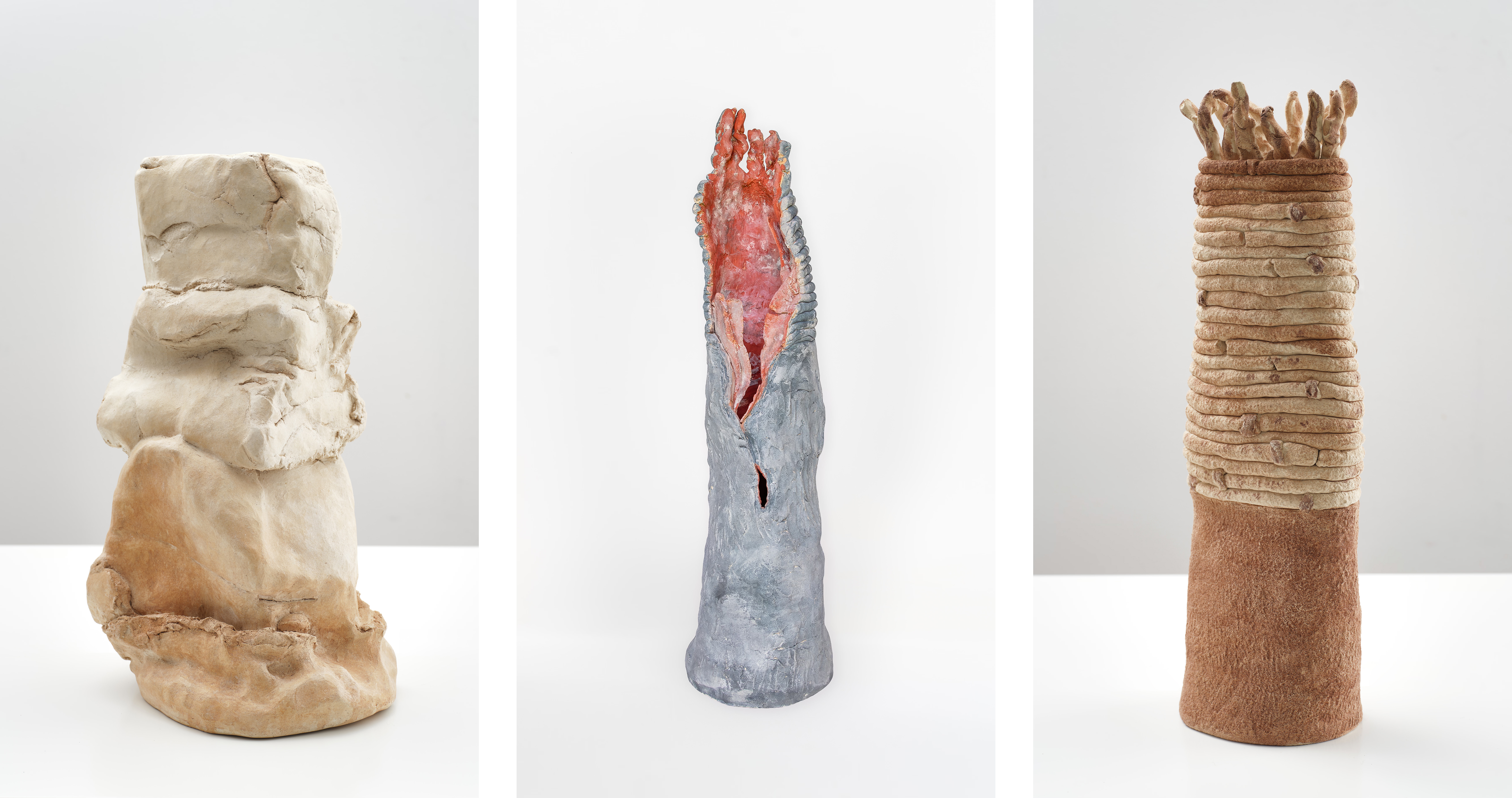 from left: 1. Mariuccia Secol, Untitled (Senza Titolo), 2016, ceramic, terracotta, 49 x 20 x 19 cm © Mariuccia Secol. Courtesy of the artist’s family and Galeria Monopol, Warsaw. Photo: Bartosz Górka. 2. Mariuccia Secol, Untitled (Senza Titolo), ca. 2010, ceramic, teracotta, 70 x 17 x 18 cm © Mariuccia Secol. Courtesy of the artist’s family. Photo: Magdalena Typiak 3. Mariuccia Secol, Tudia, 2012, ceramic, terracotta, 55 x 15 x 8 cm © Mariuccia Secol. Courtesy of the artist’s family and Galeria Monopol, Warsaw. Photo: Bartosz Górka